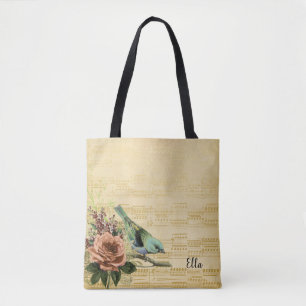Bolsa Tote Vintage Floral Bird Dourado Music Nome Personaliza