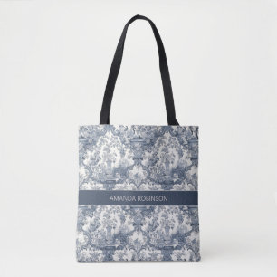 Bolsa Tote Vintage floral damask Blue toile de jouy monograma