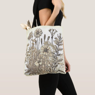 Bolsa Tote Vintage Floral Sketch Design