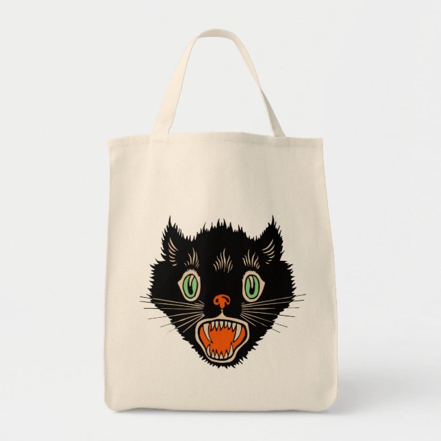 Bolsa Tote Vintage Halloween Assustado Gato Negro (Frente)