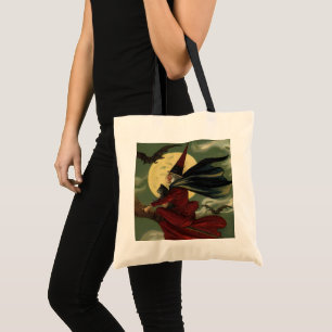 Bolsa Tote Vintage Halloween Bruxa Andando Broomstick com Cat