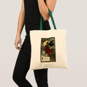 Bolsa Tote Vintage Halloween Bruxa Andando Broomstick com Cat