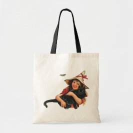 Bolsa Tote Vintage Halloween, Bruxa Menina com Gato Negro