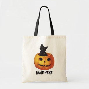 Bolsa Tote Vintage Halloween, Gato Negro Bonito numa Abóbora