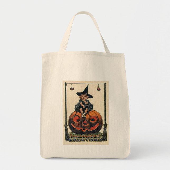 Bolsa Tote Vintage Halloween Girl no Jack o'Lantern (Frente)