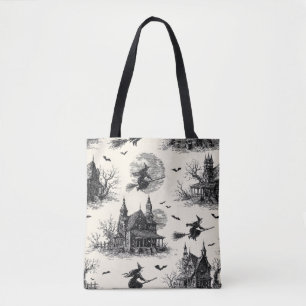 Bolsa Tote Vintage Haunted House and Witch Toile Pattern (2)