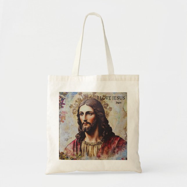 Bolsa Tote Vintage I Love Jesus nome personalizável (Frente)