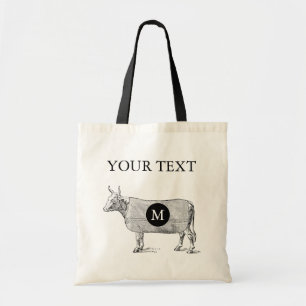 Bolsa Tote VINTAGE ILLUSTRATION Cow Monograma Tocha Personali