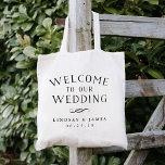 Bolsa Tote Vintage Lettering Wedding Welcome<br><div class="desc">As malas de boas-vindas ao casamento simples e chic apresentam "bem-vindas ao nosso casamento" em tipografia de blocos de estilo vintage preto com um florescimento decorativo e seus nomes e data de casamento abaixo.</div>