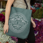 Bolsa Tote Vintage Logotipo Natal<br><div class="desc">Saco de tote festivo apresenta o logotipo da empresa vintage para os Especiais Exóticos da Gold,  Especializando-se em Frankincense e Myrh,  em um design circular crachá com bloco de moinho e tipografia de roteiro. A cor verde do Spruce é perfeita nas férias com letras brancas e alças pretas.</div>