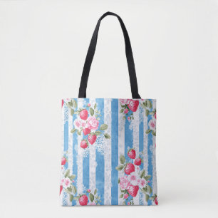 Bolsa Tote Vintage Morangos e Blooms em Bandas Azuis