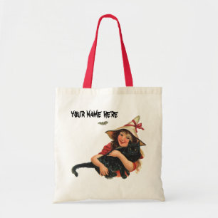 Bolsa Tote Vintage o Dia das Bruxas, bruxa da menina com gato