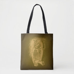 Bolsa Tote Vintage Owl Illustration Antique Bird Art Green