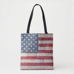 Bolsa Tote Vintage Patriotic USA Flag em Stone Wall
