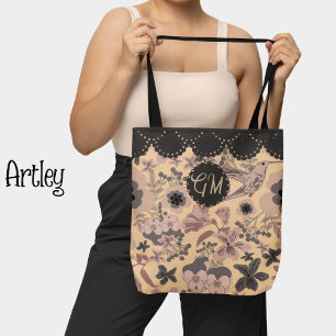 Bolsa Tote Vintage Pink Art Nouveau Botânico Hummingbird