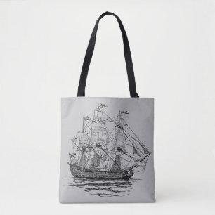 Bolsa Tote Vintage Pirates Galleon, esboço de um navio de 74