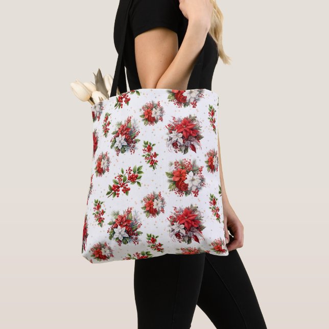Bolsa Tote Vintage Poinsettias E Holly Christmas White (Close Up)