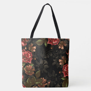 Bolsa Tote Vintage preto gravado elegante floral