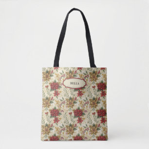 Bolsa Tote Vintage Red & Dourada Poinsettia Floral Personaliz