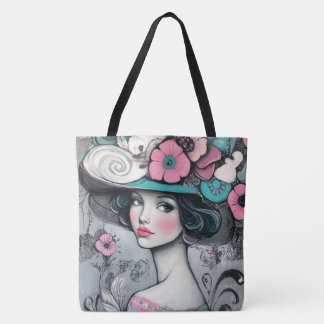 Bolsa Tote Vintage Retro Linda Mulher Rosa e Teal