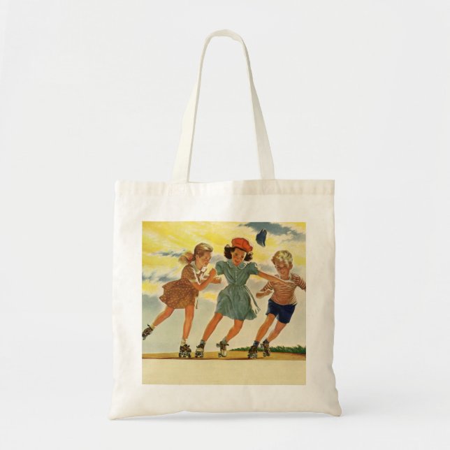 Bolsa Tote Vintage Roller Patinando crianças divertidas Menin (Frente)