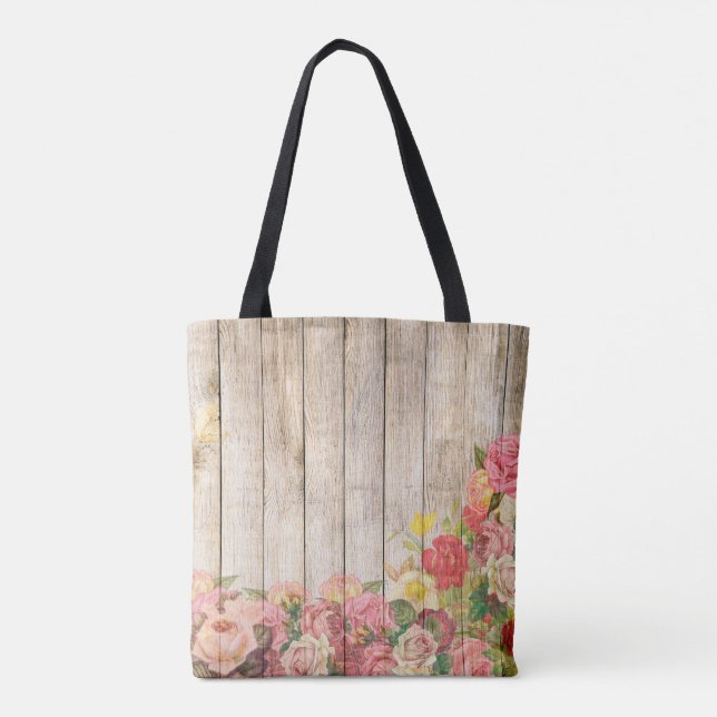 Bolsa Tote Vintage Rosas Rústicos Românticos Madeira (Verso)