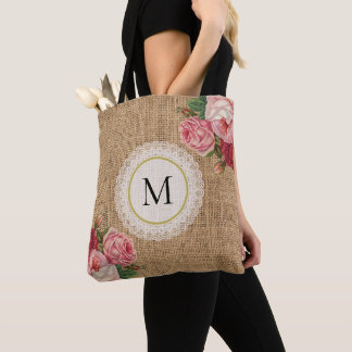 Bolsa Tote Vintage Rústica Vintage Monograma Floral Lace