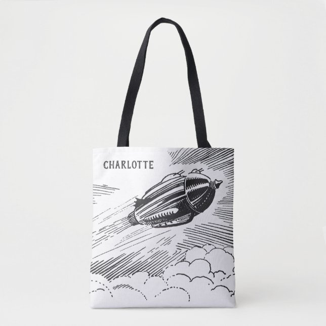 Bolsa Tote Vintage Science Ficeship Rocket in Clouds (Frente)