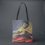 Bolsa Tote Vintage Science Fiction, Futurística City on Moon<br><div class="desc">Imagem de viagem de ilustração venenosa e ficção científica de transporte apresentando um clássico livro em quadrinhos retrô sci fi espaço e imagem planetária de astronautas ou aliens viajando em uma espaçonave voando sobre uma metrópole futurista na lua.</div>