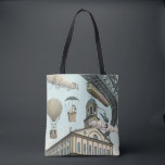 Bolsa Tote Vintage Science Fiction, Victorian Steam Punk City<br><div class="desc">Imagem de viagem de ilustração venenosa e de transporte de ficção científica futurista apresentando pessoas viajando por dirigíveis,  balões de ar quente,  um trem invertido e um antigo automóvel convertível em uma metrópole vitoriana,  punk a vapor,  retrógrada à metrópole urbana.</div>