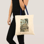 Bolsa Tote Vintage Science Fiction, Victorian Steam Punk City<br><div class="desc">Imagem de viagem de ilustração venenosa e de transporte de ficção científica futurista apresentando pessoas viajando por dirigíveis,  balões de ar quente,  um trem invertido e um antigo automóvel convertível em uma metrópole vitoriana,  punk a vapor,  retrógrada à metrópole urbana.</div>