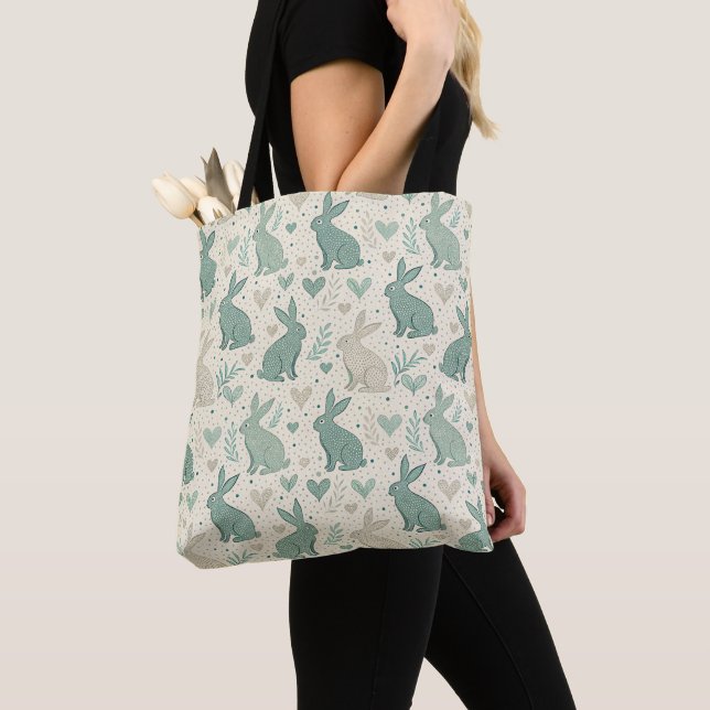 Bolsa Tote Vintage Simple Bunny Silhouettes Hearts Pattern (Close Up)