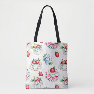 Bolsa Tote Vintage Strawberry Teacup Padrão Floral