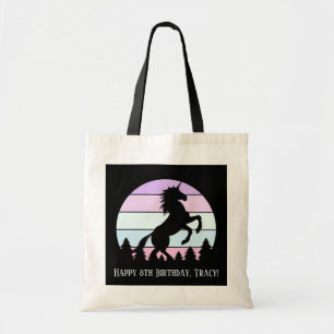 Bolsa Tote Vintage Sunset Unicorn Nome em Criação Data Aniver