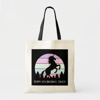 Bolsa Tote Vintage Sunset Unicorn Nome em Criação Data Aniver