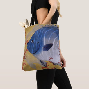 Bolsa Tote Vintage Tropical Blue Fish Coral Marine Ocean Life