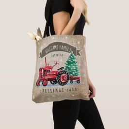 Bolsa Tote Vintage Vermelho Trator Árvore Natal Nome Burlap