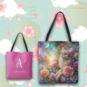 Bolsa Tote Vintage Watercolor Cat Floral Fantasy Personalizad