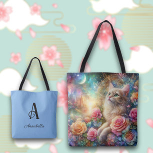 Bolsa Tote Vintage Watercolor Cat Floral Fantasy Personalizad