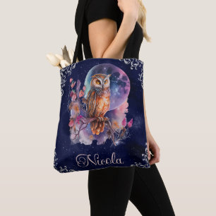 Bolsa Tote Vintage Watercolor Celestial Fantasy Owl