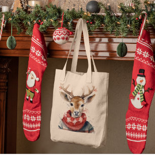Bolsa Tote Vintage Watercolor Deer &. Feliz Natal