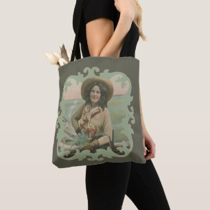 Bolsa Tote Vintage Western Cowgirl Retrato com Fronteira