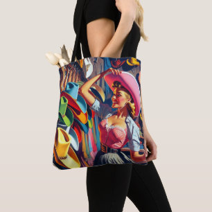 Bolsa Tote Vintage Western Retro Cowgirl Comprando Chapéus 5