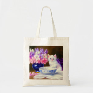 Bolsa Tote Vintage White Kitten com Fita Roxa
