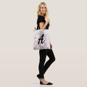 Bolsa Tote Vintage White Pink cherry floresce desenho Monogra