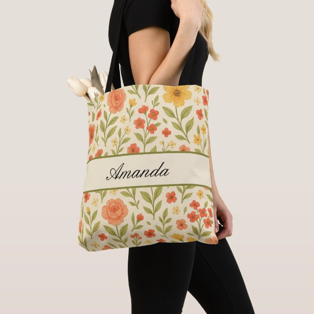 Bolsa Tote Vintage Wildflower Patterno Name (Close Up)