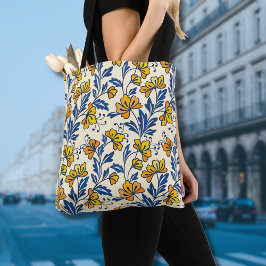 Bolsa Tote Vintage Yellow Orange Folk Floral Blue Leaf