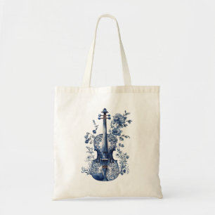 Bolsa Tote Violino do estilo Delft azul e branco com flores