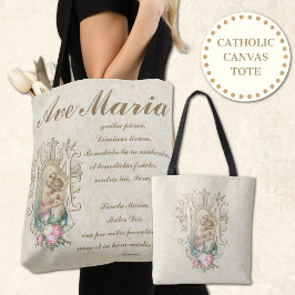 Bolsa Tote Virgem Católica Mary Ave Maria Baby Jesus Floral