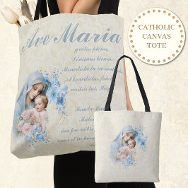 Bolsa Tote Virgem Católica Mary Jesus Floral Azul Ave Maria